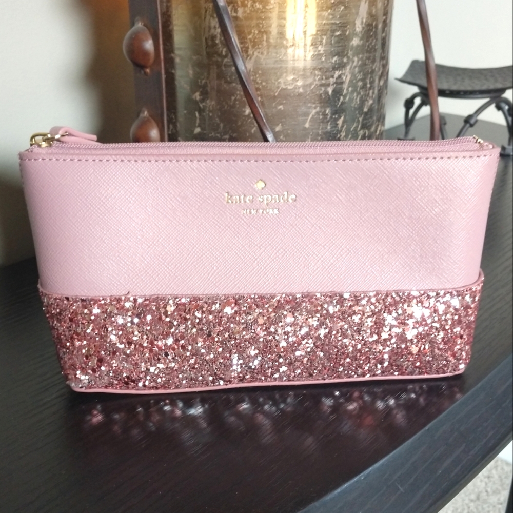 Kate Spade Greta Court Little Shiloh Glitter Cosmetic Bag Dusty Peony Glitter